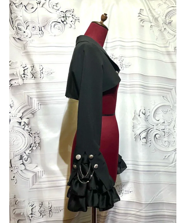 エンブレムチェーン付き姫袖ショートジャケット：黒×黒フリル ATELIERPIERROT...