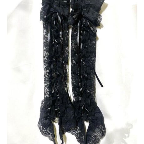 【MARBLE】マーブル　指先ボリュームレースあみあげ手袋:黒レース×黒:Lサイズ　Fingertip Volume Lace Lace-up Gloves　L size
