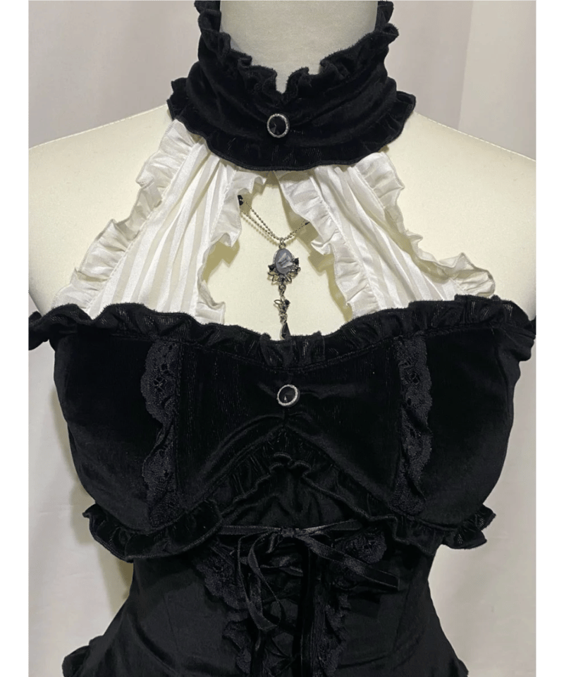 十字架付き編み上げビスチェ：黒ベロア×白ストライプ Lace-Up Bustier 