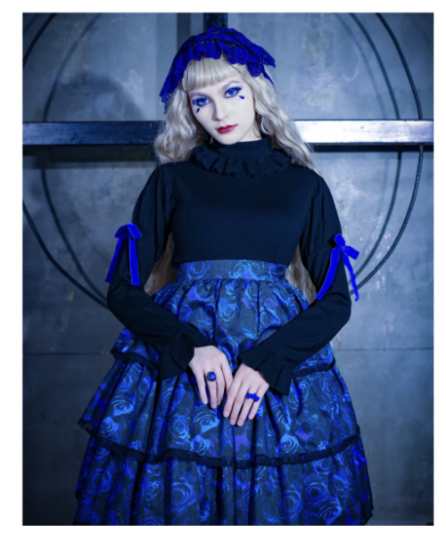 【Moi meme Moitie】モワメームモワティエ　別珍リボンハイネックニット　black x blue　Velveteen Ribbon  High Neck Knit