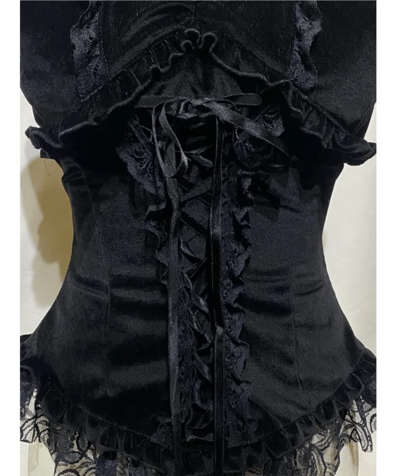 十字架付き編み上げビスチェ：黒ベロア×白ストライプ Lace-Up Bustier 