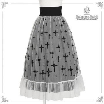 【Moi meme Moitie】モワメームモワティエ　十字架フロッキーハイウエストロングスカート　white × black　Flocky  Cross High Waist Long Skirt