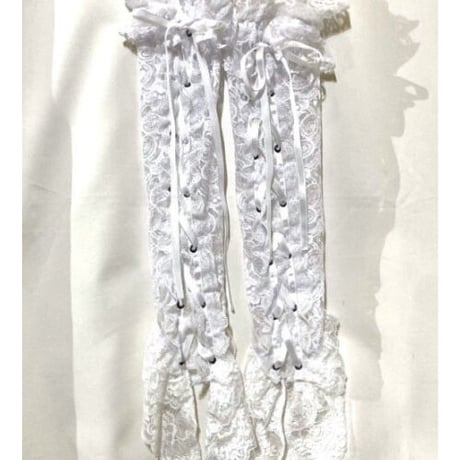 【MARBLE】マーブル　指先ボリュームレースあみあげ手袋:白レース×白:Lサ　Fingertip Volume Lace Lace-up Gloves　L size