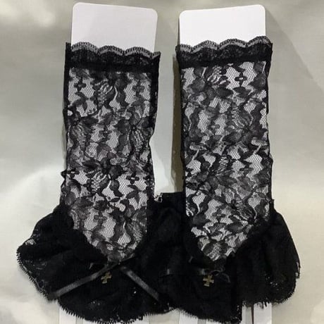 【MARBLE】マーブル　モチーフ付き指先ボリュームレースグローブ：黒レース×銅古美十字架　Fingertip Volume Lace Gloves