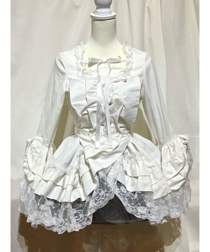 MARBLE】マーブル 編み上げ総フリルドレスワンピース:白×白レース Lace 