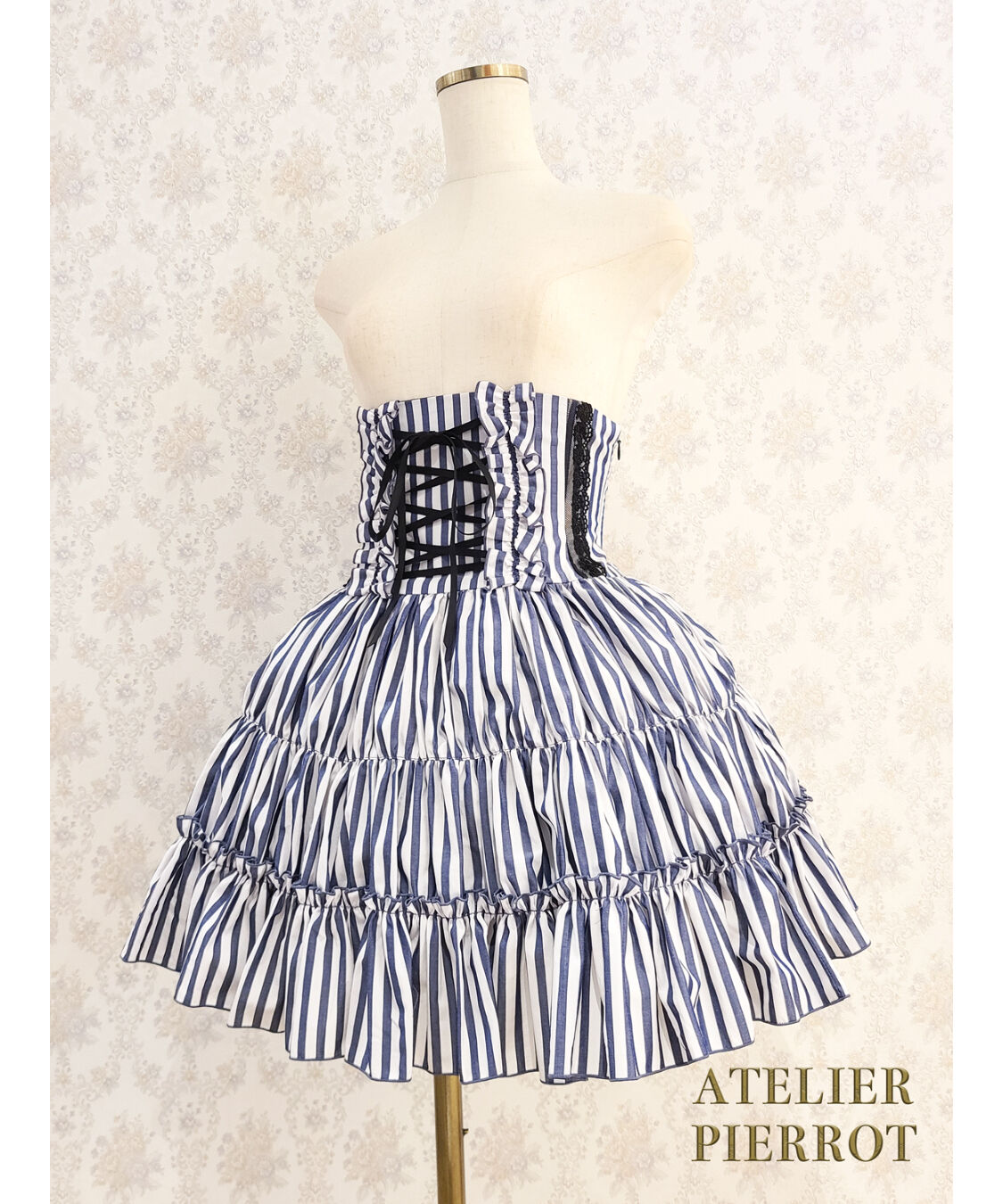 【ATELIER PIERROT】ミニコルセットスカート　ティアード　ブルー×ホワイトストライプ　Tiered Mini Corset Skirt  blue x white stripe