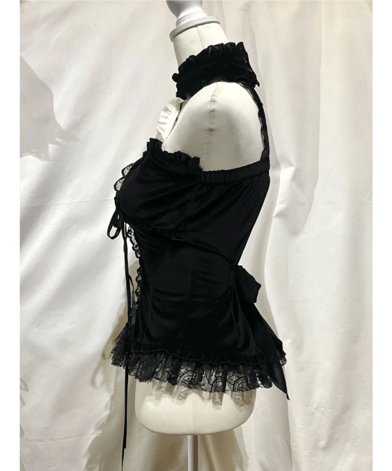 十字架付き編み上げビスチェ：黒ベロア×白ストライプ Lace-Up Bustier 