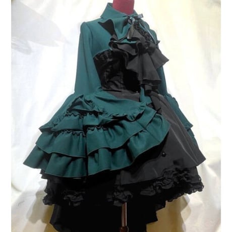 【MARBLE】マーブル　ドレープタイ付きゴシックエレガンスブラウスワンピース：グリーン×黒 　Gothic Elegance Blouse Dress with Drape Tie