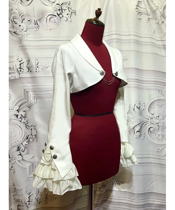 エンブレムチェーン付き姫袖ショートジャケット：白×白フリル ATELIERPIERROT...