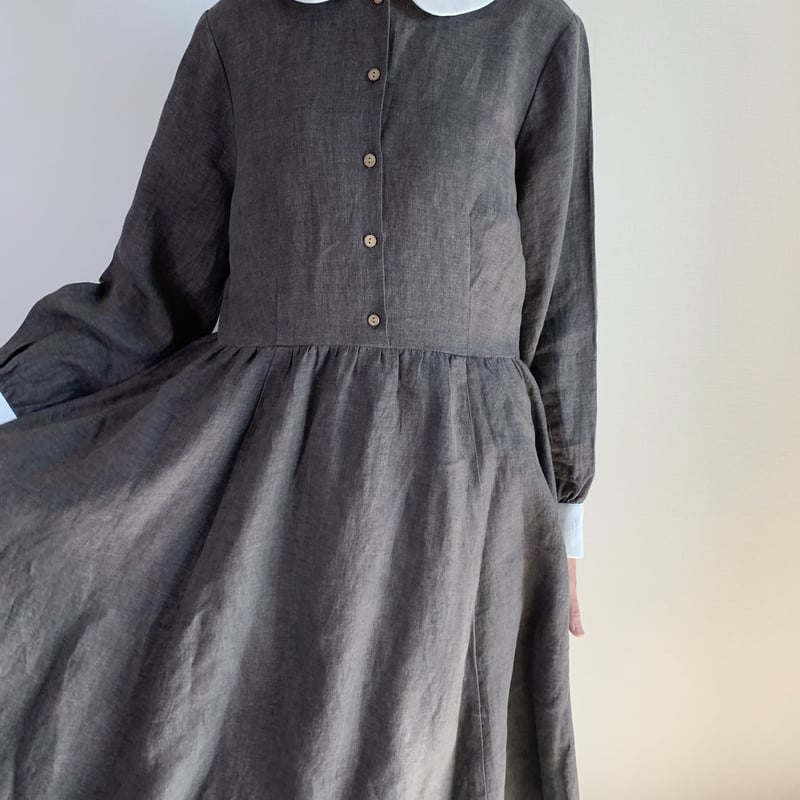 配色丸襟.カフスのレトロワンピース(チャコールブラウン) | Ito-hari  