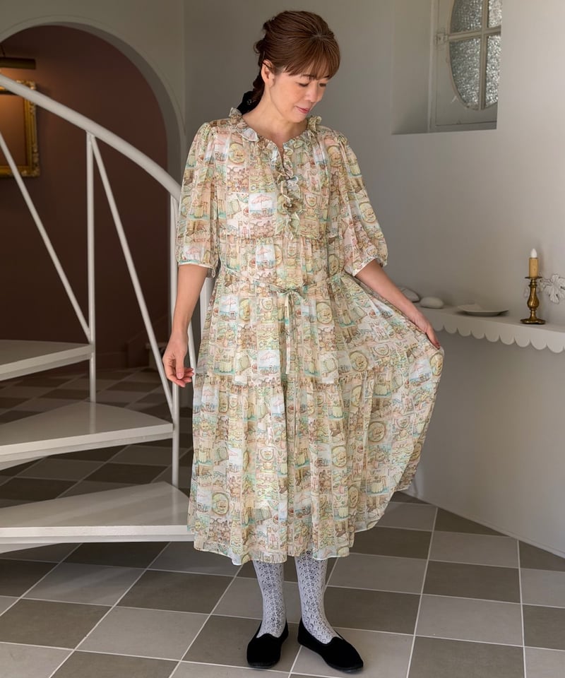 数量限定受注・M】5部袖テキスタイルワンピース(ペチワンピース無し