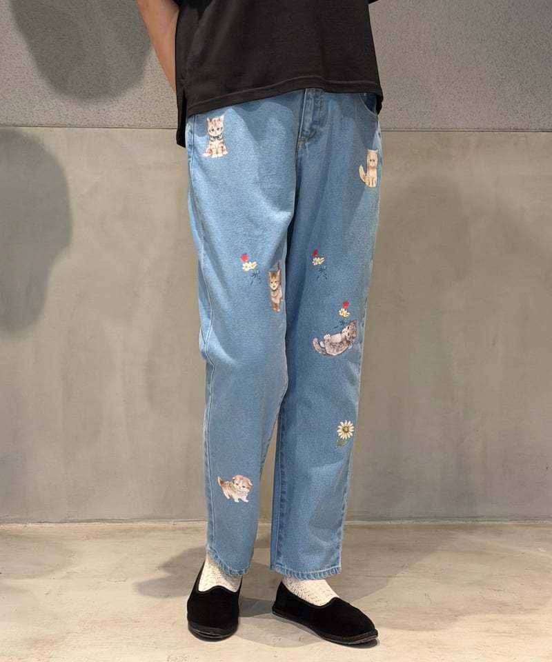 yukiemon ステッチングベア デニムパンツ　M 現物・M】ペタペタデニムパンツ | yukiemon