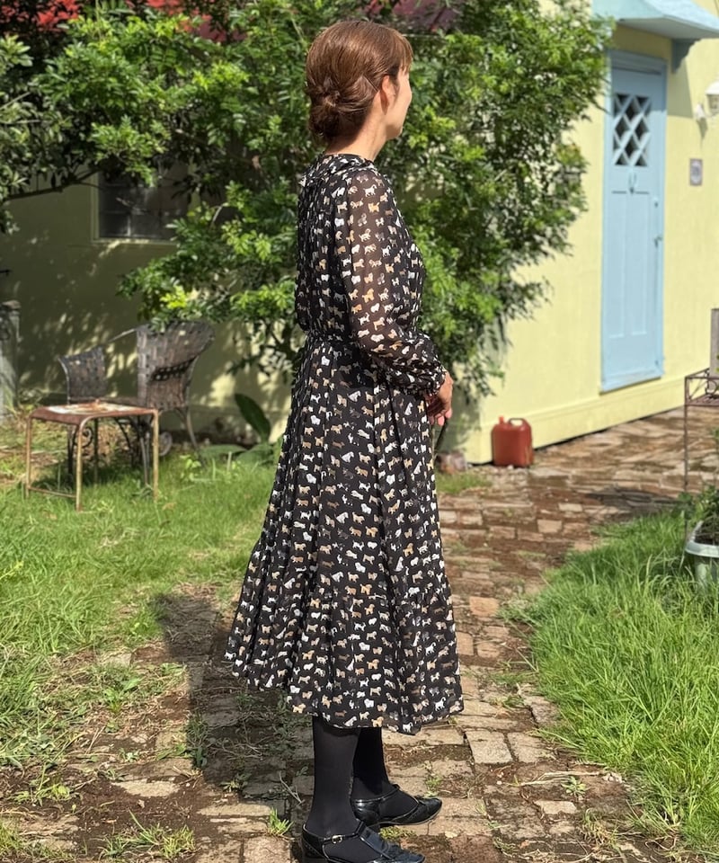 yukiemon こねこ図鑑　ロングワンピース　Mサイズ 受注・M】テキスタイルワンピース・こいぬ図鑑柄(ペチ無し