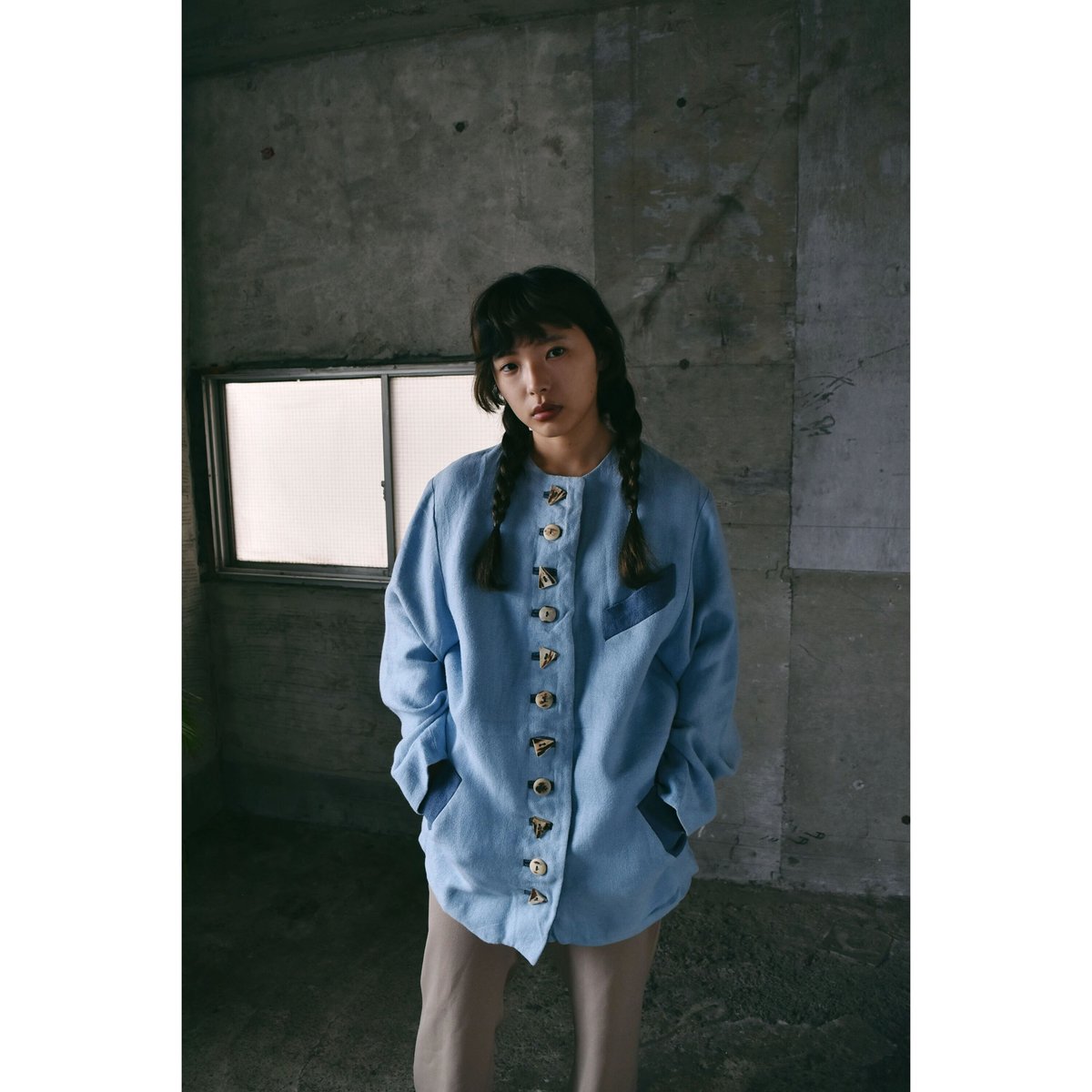 チロリアンジャケット　メタルボタン ヘリンボーン L-XL ノーカラー チロリアンジャケット メタルボタン ヘリンボーン L-XL ノー