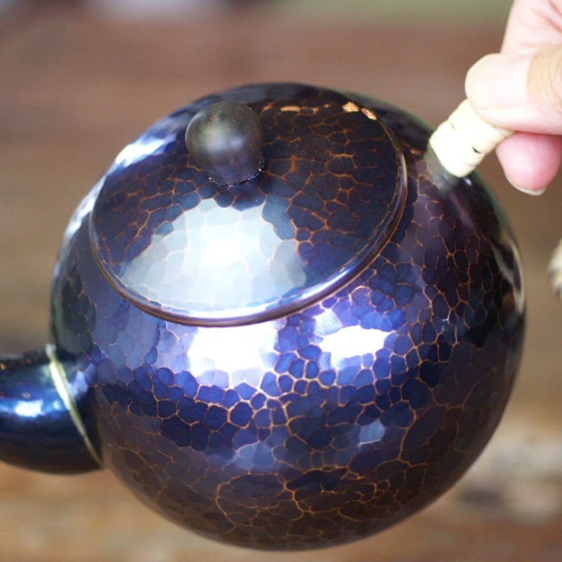 急須 銅器 手作り 青藍色 丸形 口網 ツマミ 木瓜 二合用 茶器【工芸