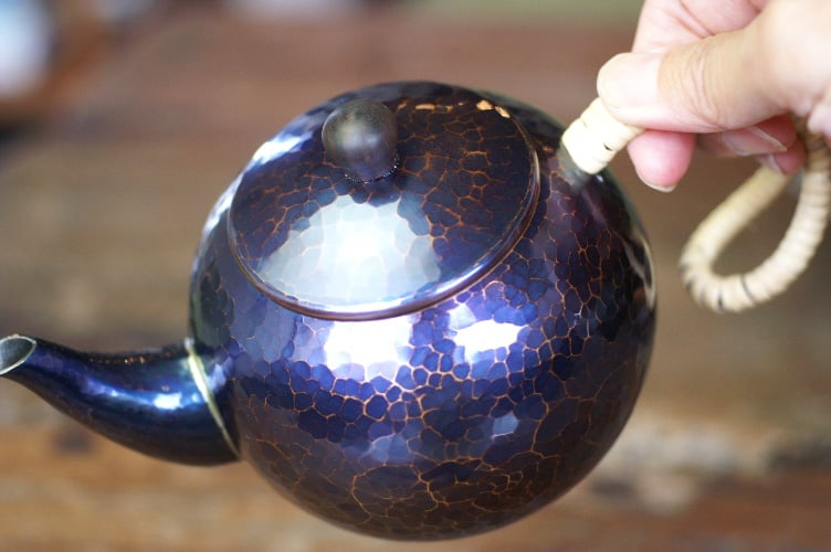 急須 銅器 手作り 青藍色 丸形 口網 ツマミ 木瓜 二合用 茶器【工芸