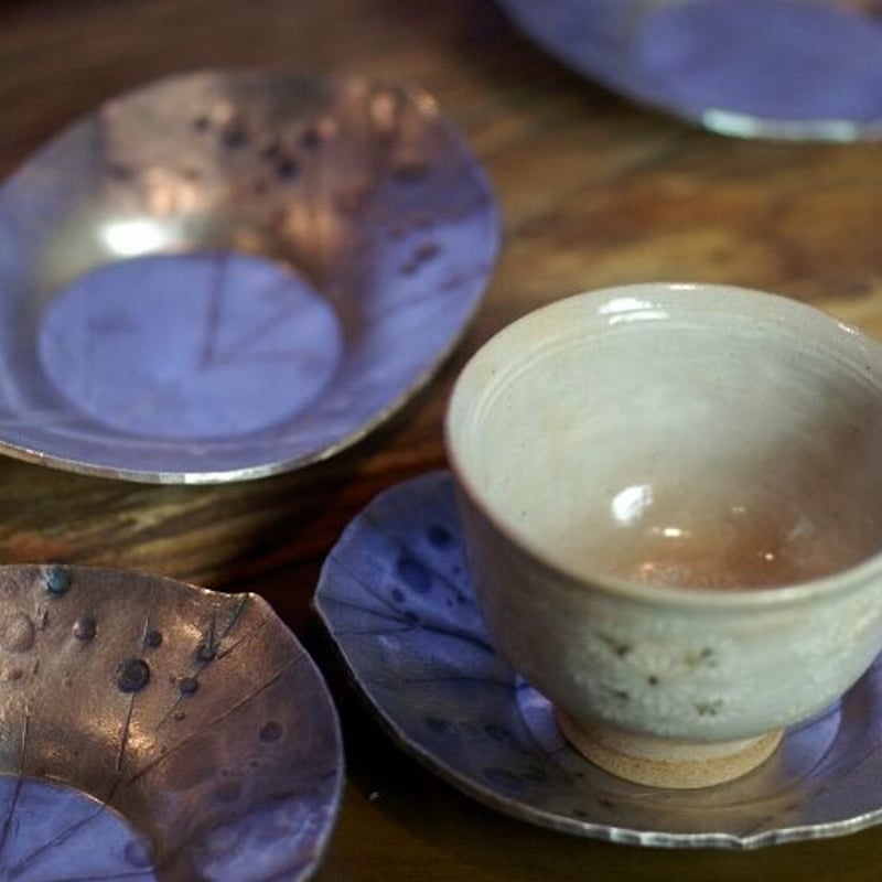 鍛栄造 純錫五君子文茶托 錫製 最上 工房 煎茶道具 C69 共箱 煎茶道具