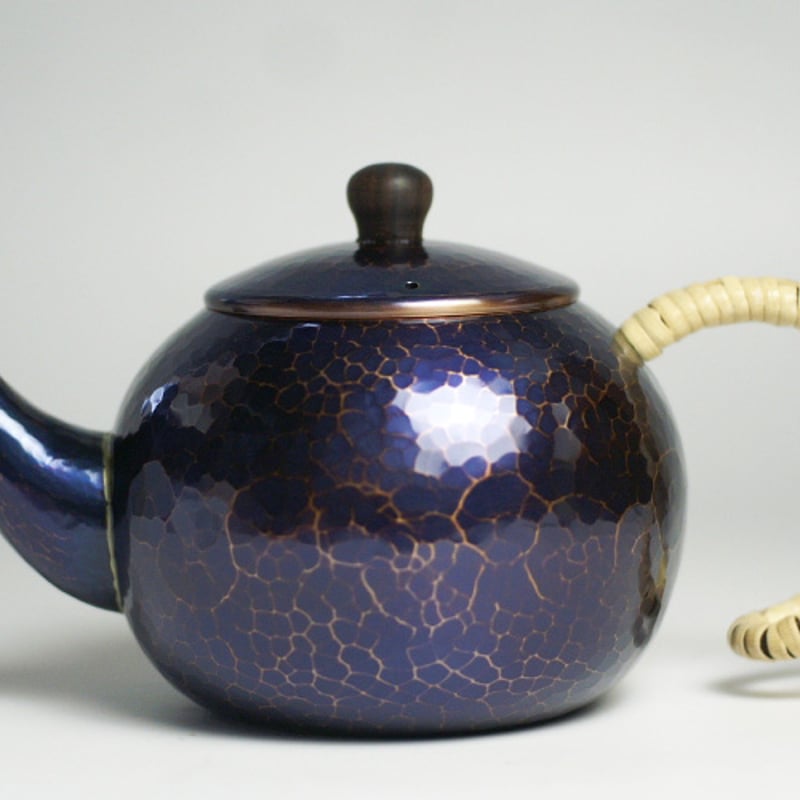 急須 銅器 手作り 青藍色 丸形 口網 ツマミ 木瓜 二合用 茶器【工芸