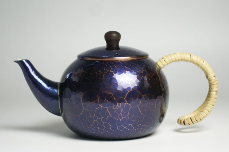 急須 銅器 手作り 青藍色 丸形 口網 ツマミ 木瓜 二合用 茶器【工芸