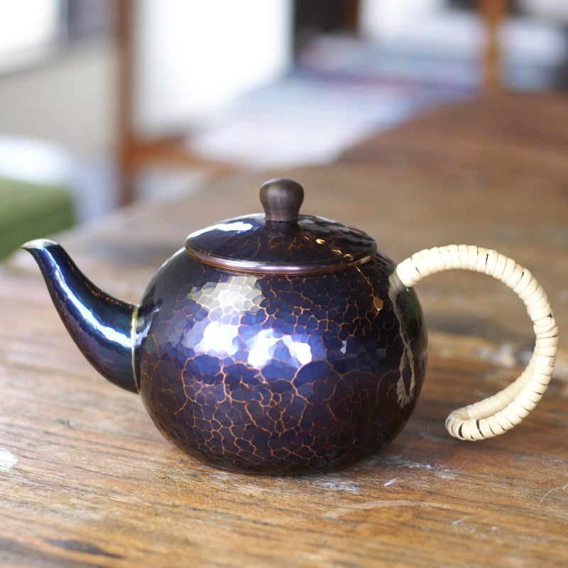 急須 銅器 手作り 青藍色 丸形 口網 ツマミ 木瓜 二合用 茶器【工芸