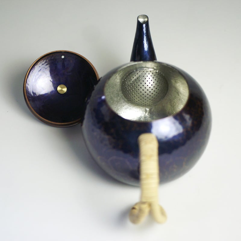 急須 銅器 手作り 青藍色 丸形 口網 ツマミ 木瓜 二合用 茶器【工芸