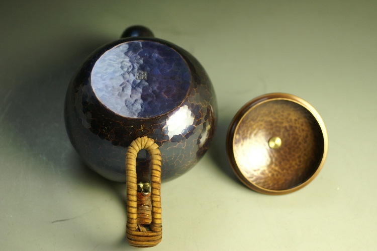 急須 銅器 手作り 青藍色 丸形 口網 ツマミ 木瓜 二合用 茶器 急須 銅器 手作り 青藍色 丸形 口網 ツマミ 木瓜 二合用 茶器