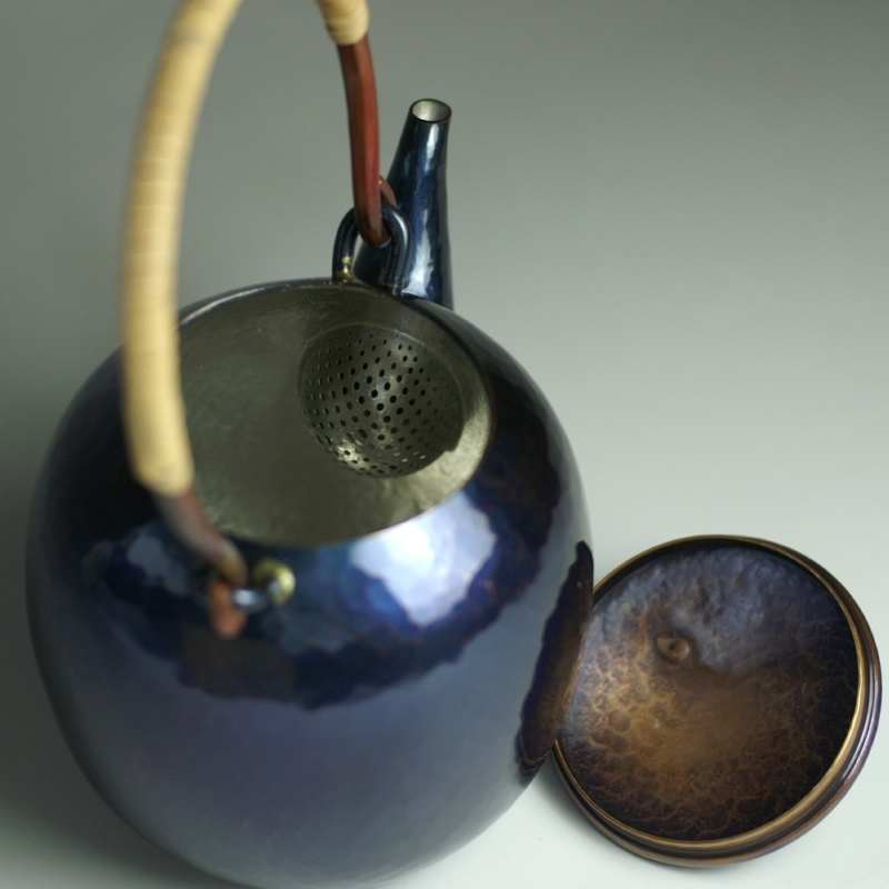 急須 銅器 手作り 青藍色 吊手 口網 ひねり 500cc 茶器【工芸ギフト