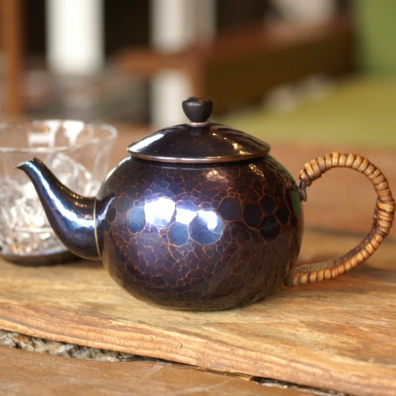 急須 銅器 手作り 青藍色 丸形 口網 ツマミ 木瓜 二合用 茶器