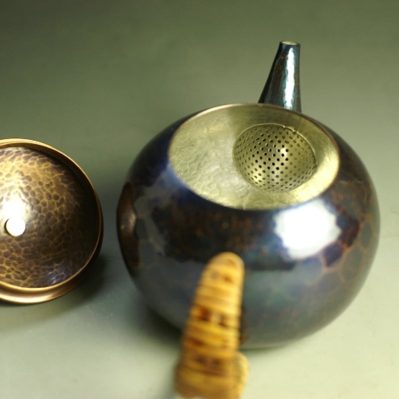 急須 銅器 手作り 青藍色 丸形 口網 ツマミ 木瓜 二合用 茶器
