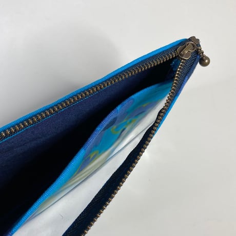[to-go7] スウェーデンのヴィンテージ布を使ったクリアポケットポーチ青花柄（ L）