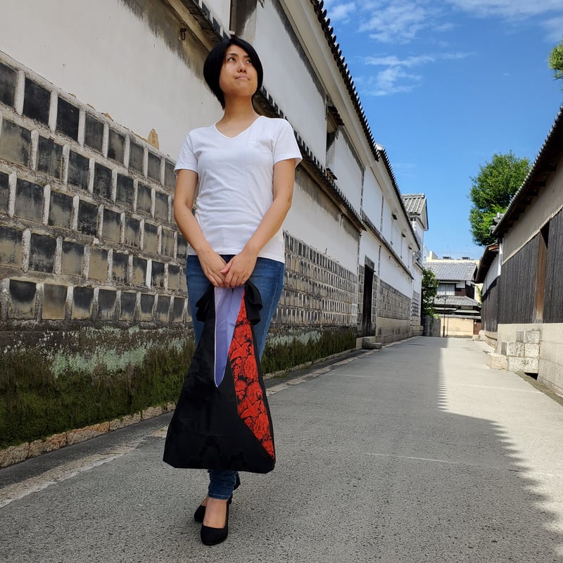 リボンバッグ 正絹帯地 西陣博多織 牡丹松折鶴黒帯雲取文様【着物・帯