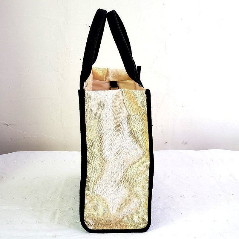 正絹帯地 トートバッグ ゴールド亀甲紋様 【着物 リメイク