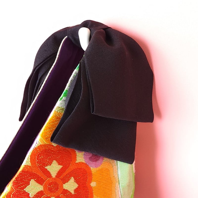 ミニリボンバッグ 正絹帯地 紗綾形唐花丸文様【着物・帯のリメイク