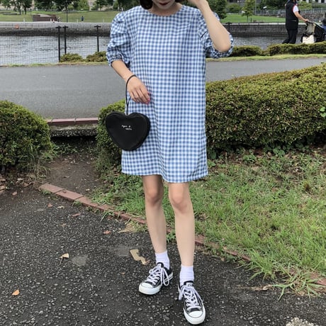 Blue gingham check one-piece