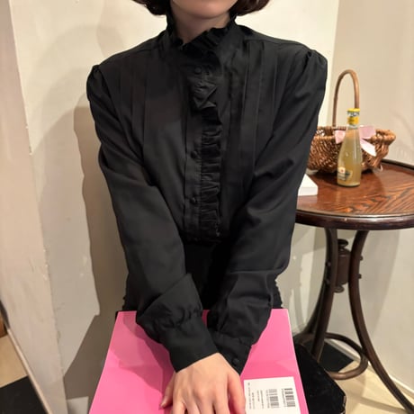 Vintage black frill stand collar blouse
