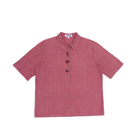 Gingham check embroidery shirt <red>