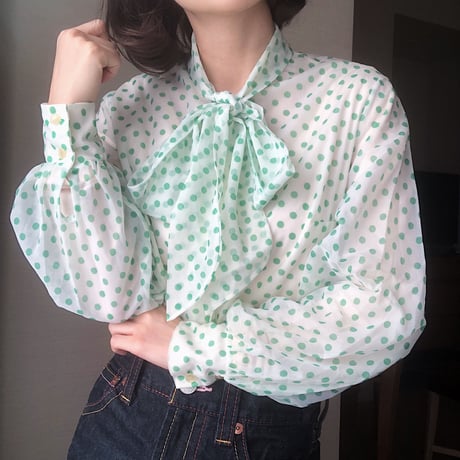 Baby green dot bowtie blouse