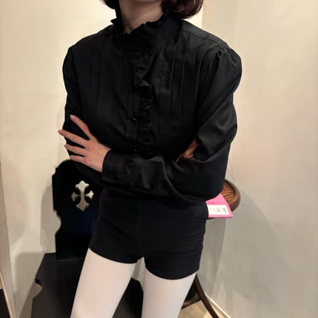 Vintage black frill stand collar blouse