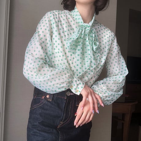 Baby green dot bowtie blouse