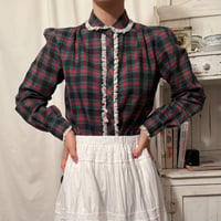 Vintage ckeck frill puff sleeve blouse