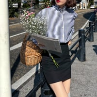 Vintage stand fiil collar stripe blouse