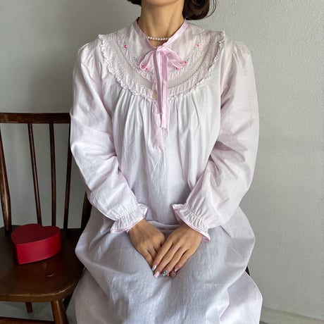 Vintage baby pink floral embroidery one-piece