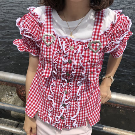 Lovely heart gingham check blouse