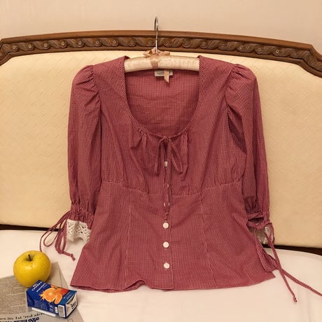 gingham check cotton lace blouse