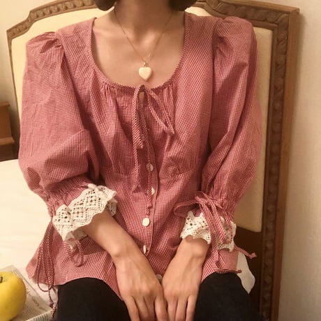 gingham check cotton lace blouse