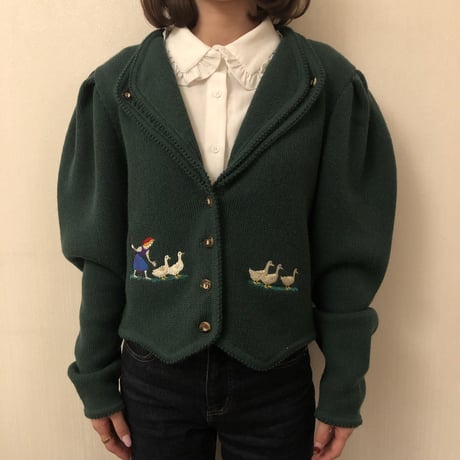 French green puff sleeve cardigan