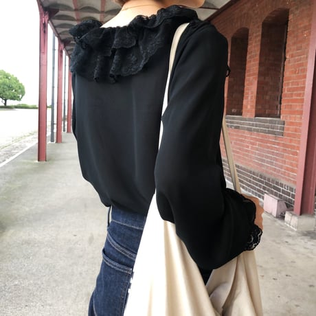 Black frill lace see-through blouse