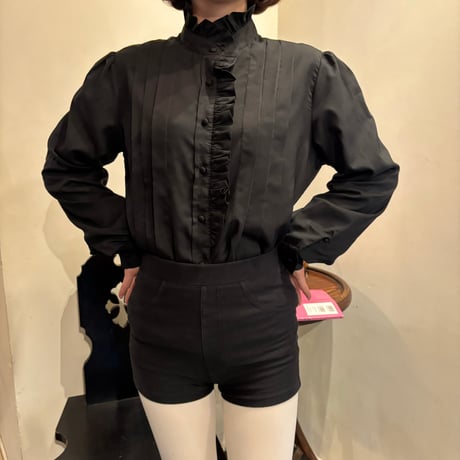 Vintage black frill stand collar blouse