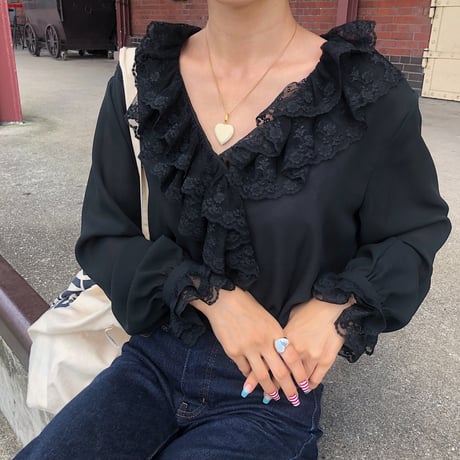 Black frill lace see-through blouse