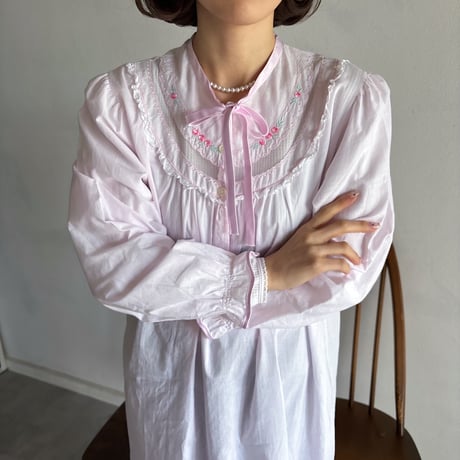 Vintage baby pink floral embroidery one-piece